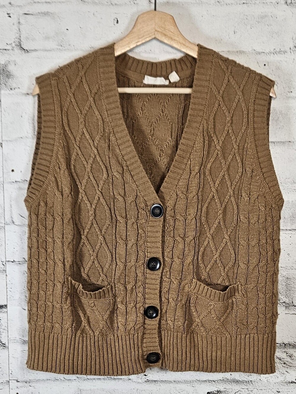 RetroD Brown Cable Knit Button Front Sweater Vest Cardigan Size M